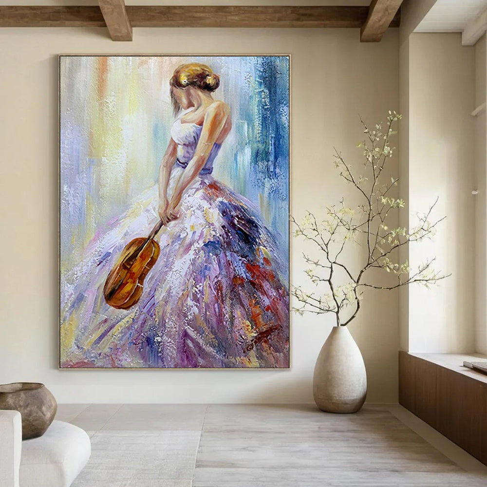 “Woman in Colorful Gown with Violin” - Vibrant Oil Painting On Canvas PT2182