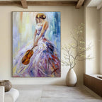 “Woman in Colorful Gown with Violin” - Vibrant Oil Painting On Canvas PT2182