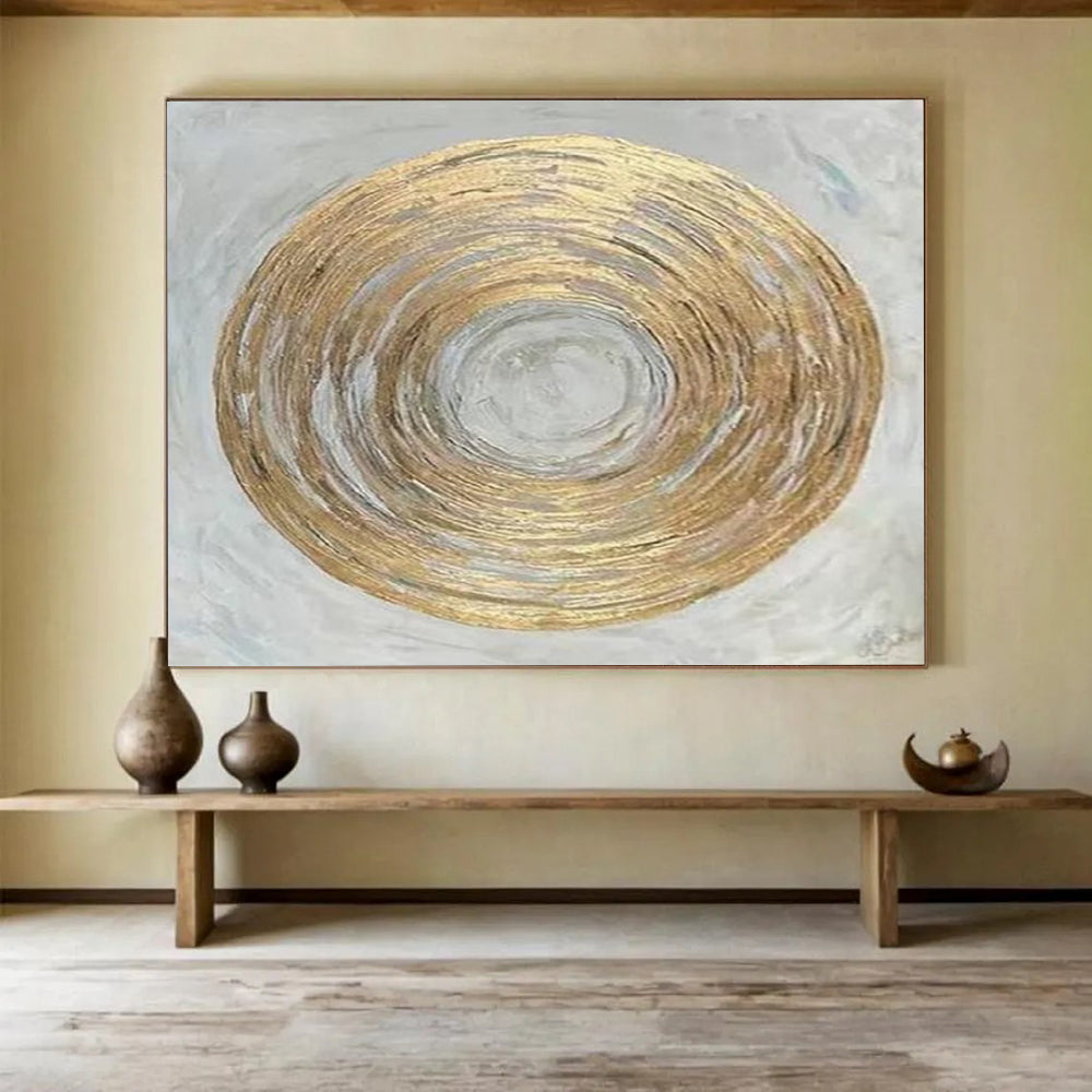 “Gold and Silver Circular Abstract” - Metallic Abstract Painting On Canvas PT109