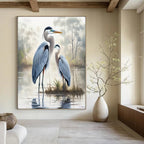 Blue Herons in Misty Marsh, Romanticism like Turner, Wildlife Painting On Canvas PT2129