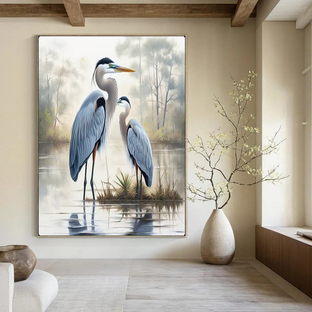 Blue Herons in Misty Marsh, Romanticism like Turner, Wildlife Painting On Canvas PT2129