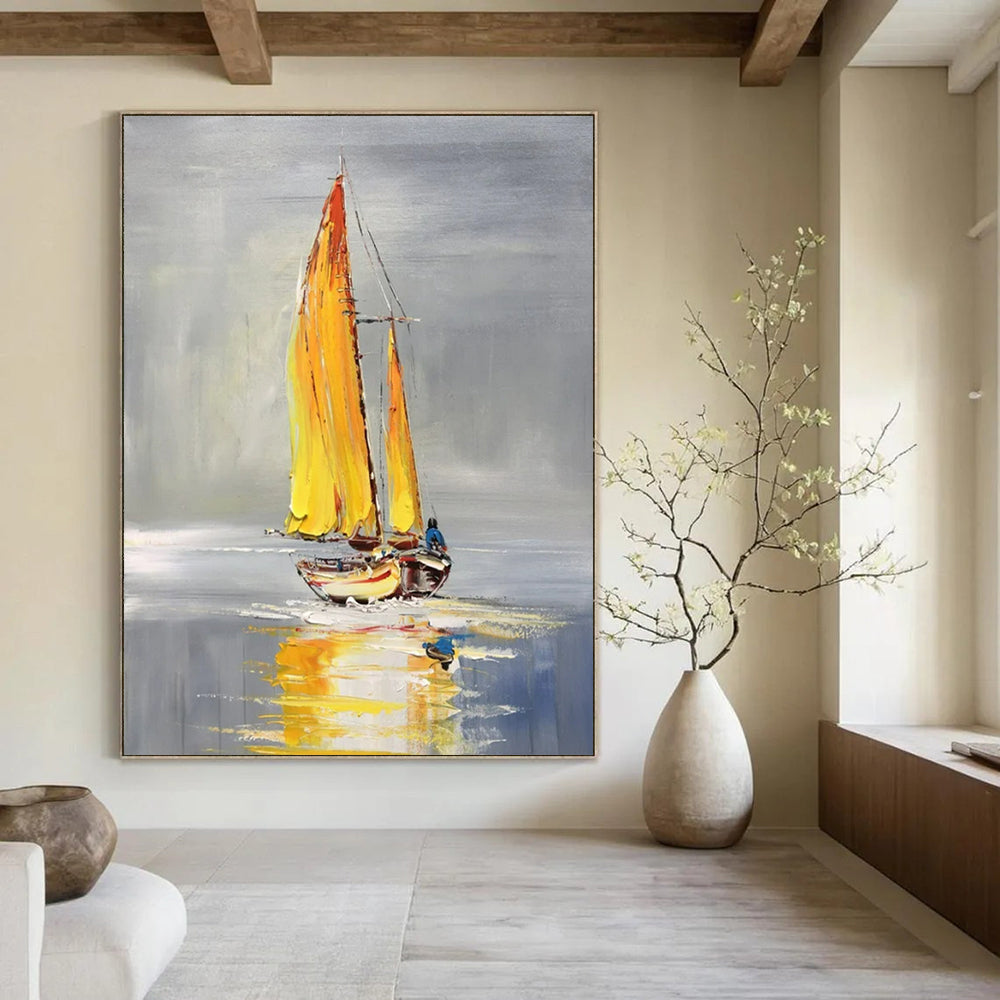 “Yellow - Sailed Boat on Calm Water” - Impressionistic Oil Painting On Canvas PT2198