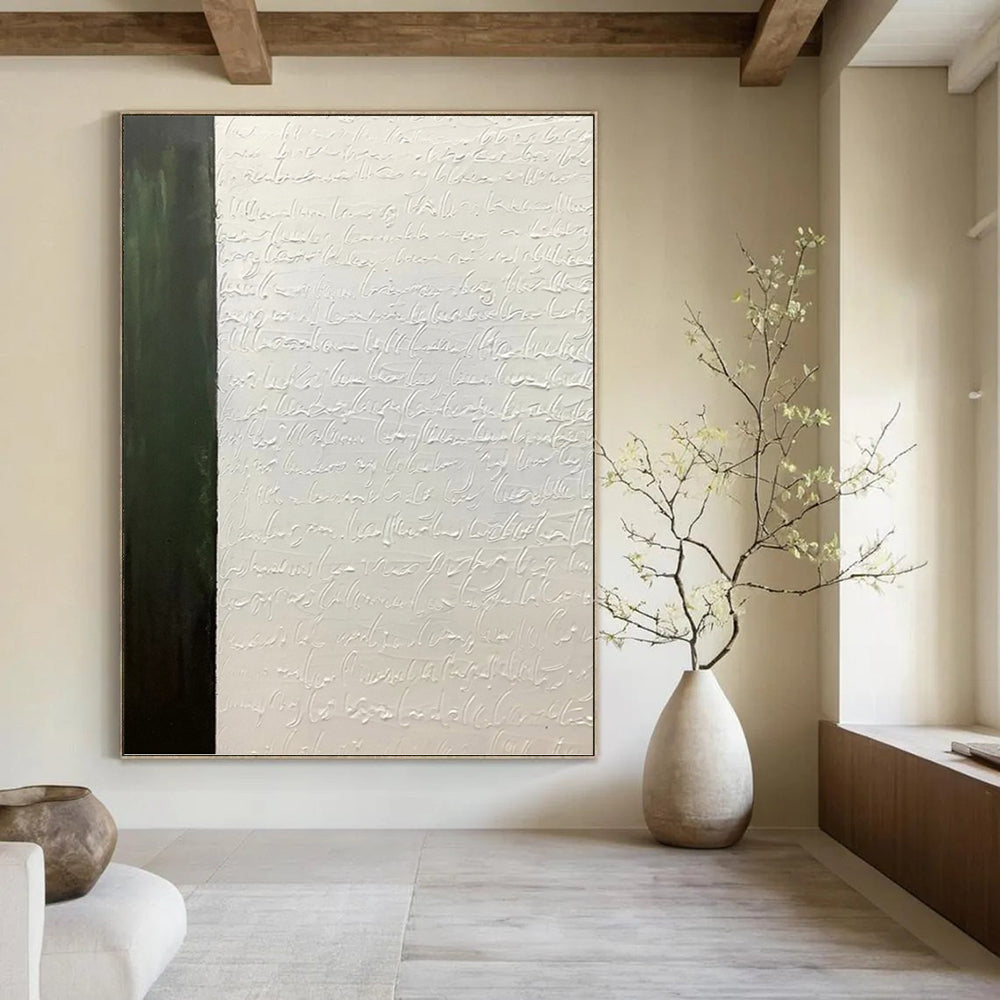“Green - White Textured Script” - Textured Abstract Painting On Canvas PT1181