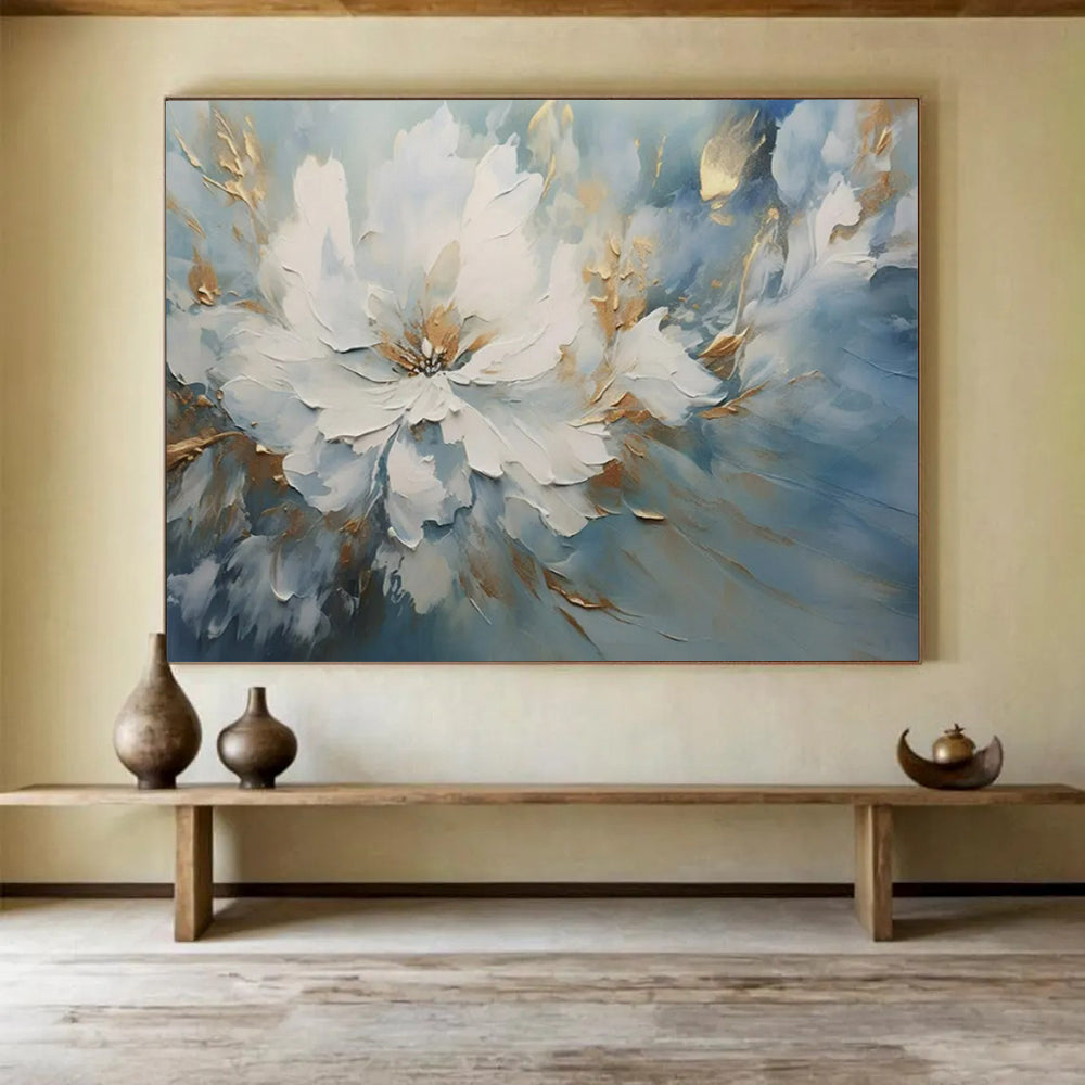 “White Flower with Blue - Gold Background” - Impasto Floral - Painting On Canvas PT1756
