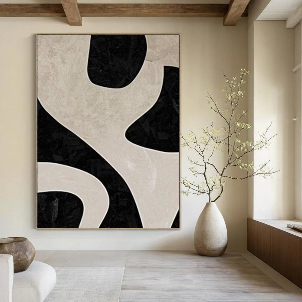 Beige and Black Flowing Shapes "Shadow Dance" Abstract Painting On Canvas PS1100