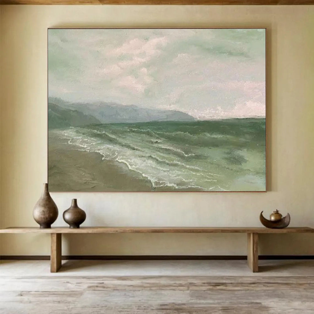“Green - Gray Seaside Horizon” - Classic Calm Painting On Canvas PT1522