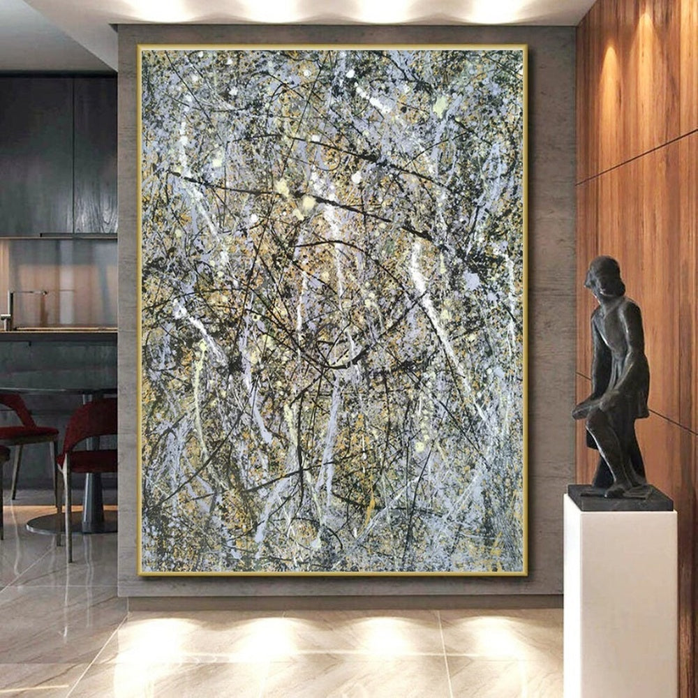 Sprawling Gray - Yellow Splatters, "Chaotic Harmony" – Action - Style Abstract On Canvas PS0905