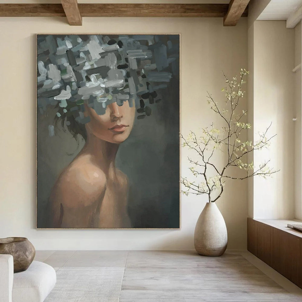 “Grey, Green, and White Fragmented Floral Head” - Abstract Figurative Painting On Canvas DS328