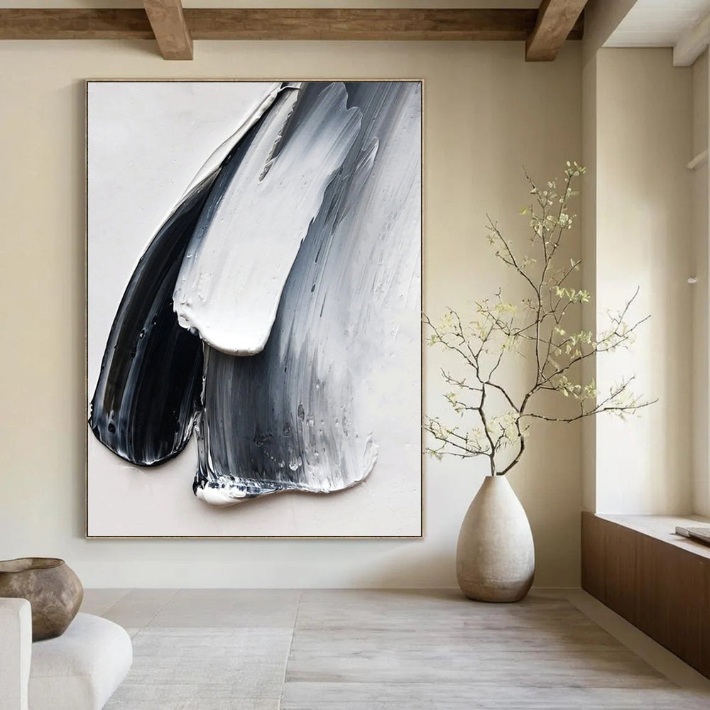 “Black, White & Gray Textured Strokes” - Abstract, Tactile - Styled Painting On Canvas PT1676