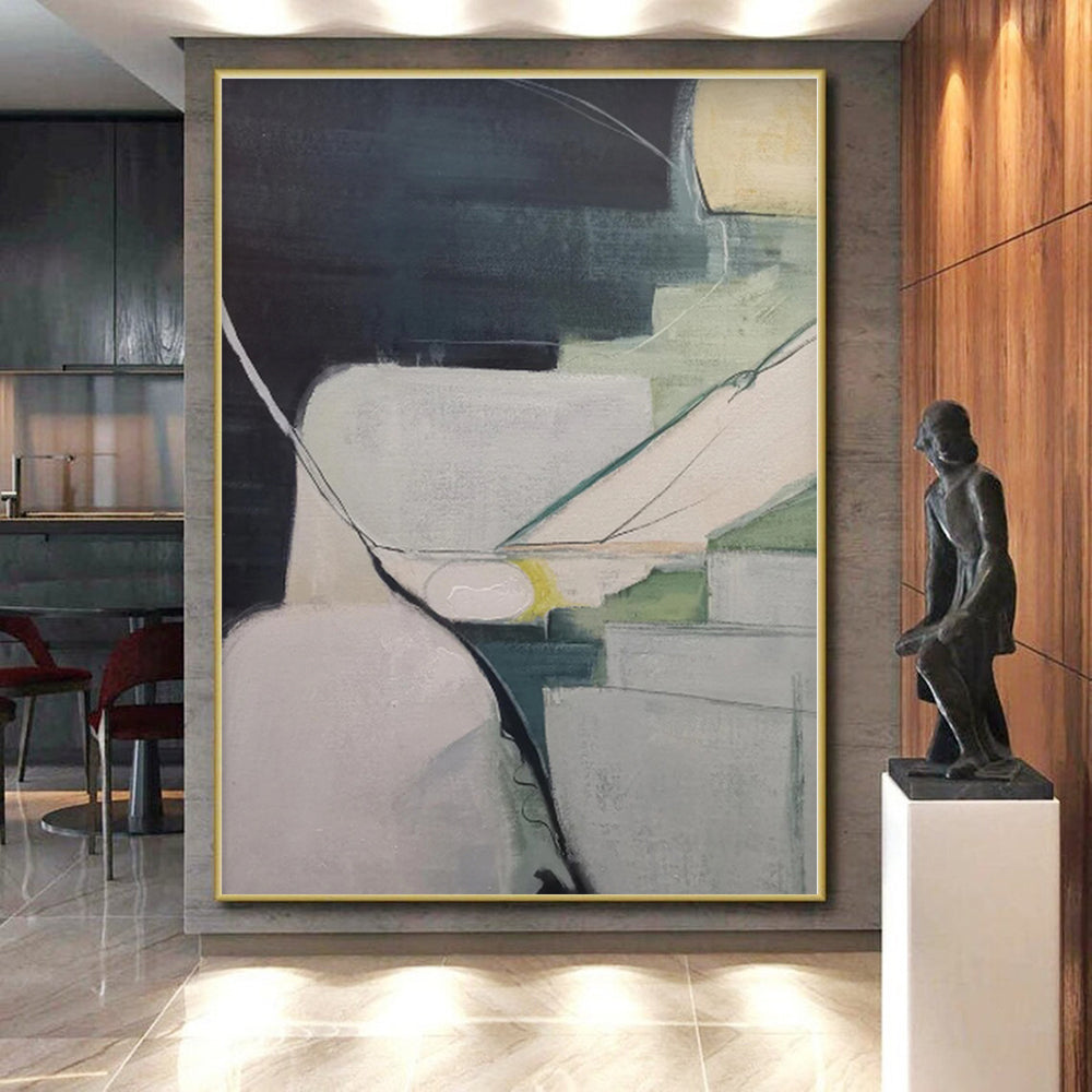 “Muted Tones Geometric Abstraction” - Gray, Green, White Abstract Geometric Painting On Canvas PS0556