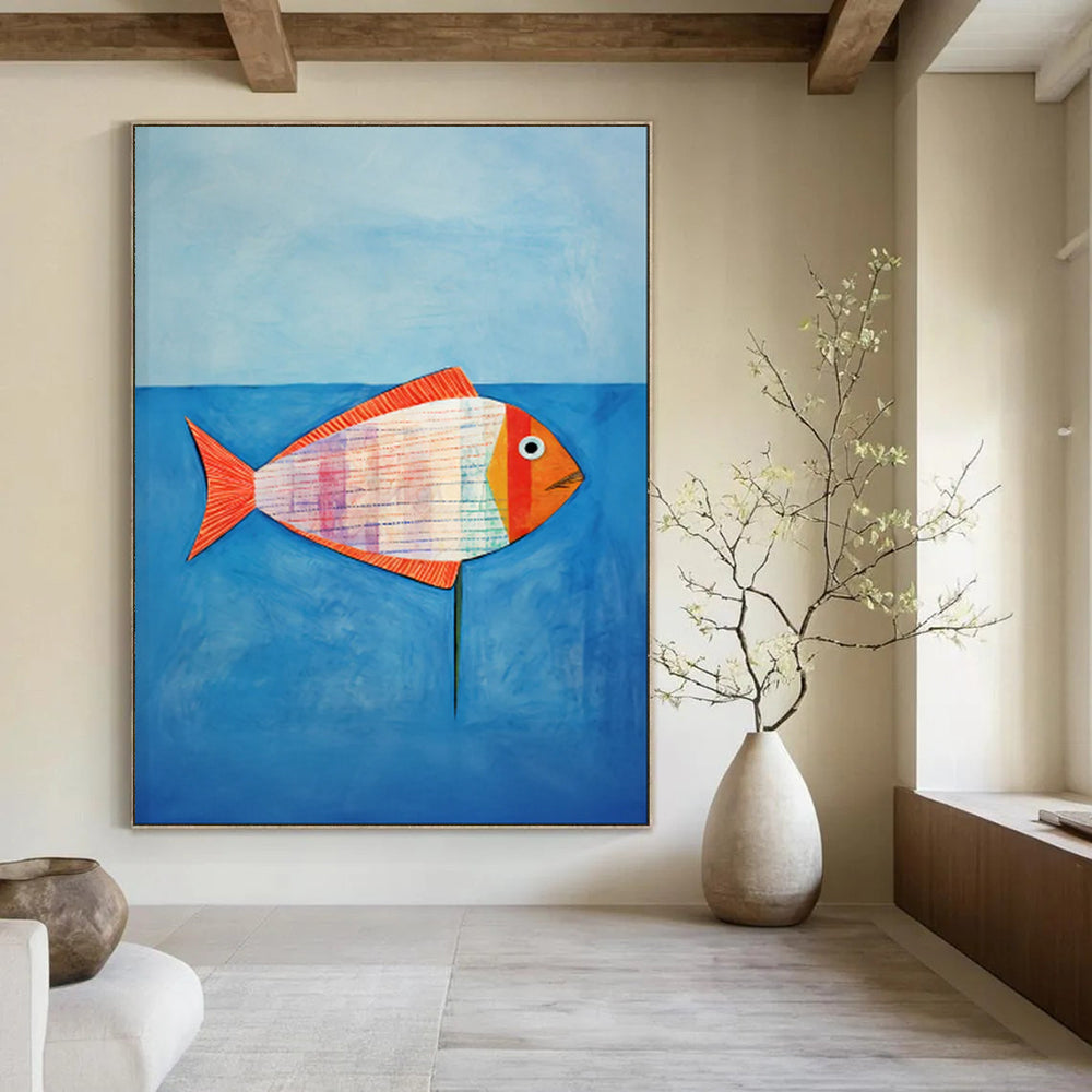 “Colorful Striped Fish on Blue” - Naive Art - Inspired Painting On Canvas PT1836