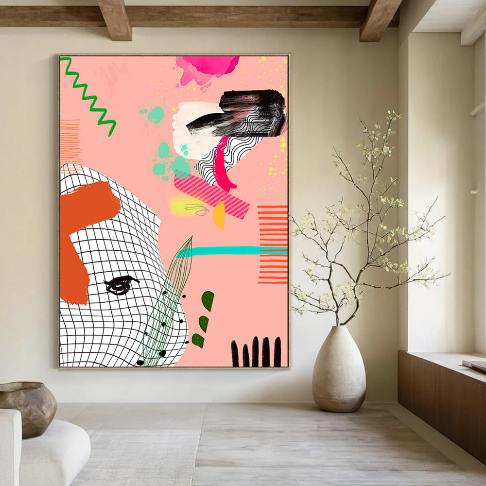 “Playful Pink - Green Abstract Collage” - Contemporary Abstract Painting On Canvas PT2006