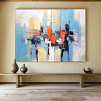 “Abstract City in Blue, Orange, and Yellow” - Modern Urban Painting On Canvas PT068