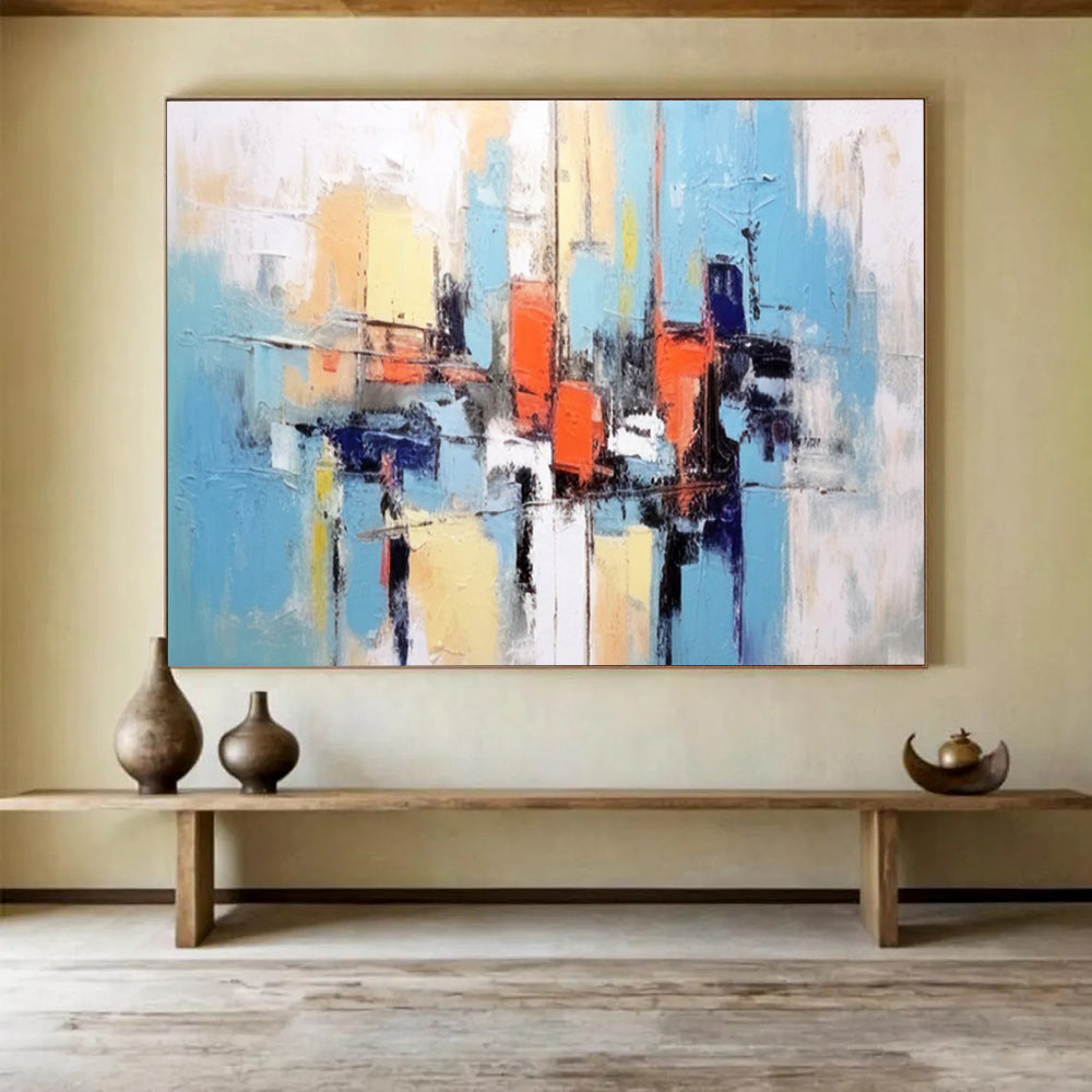 “Abstract City in Blue, Orange, and Yellow” - Modern Urban Painting On Canvas PT068