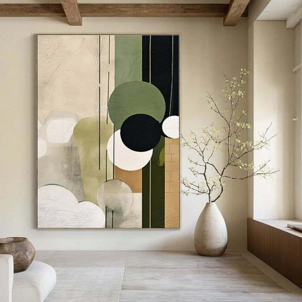 Green, Beige, Black with Circular Shapes "Circular Nature" Abstract Painting On Canvas PS1277