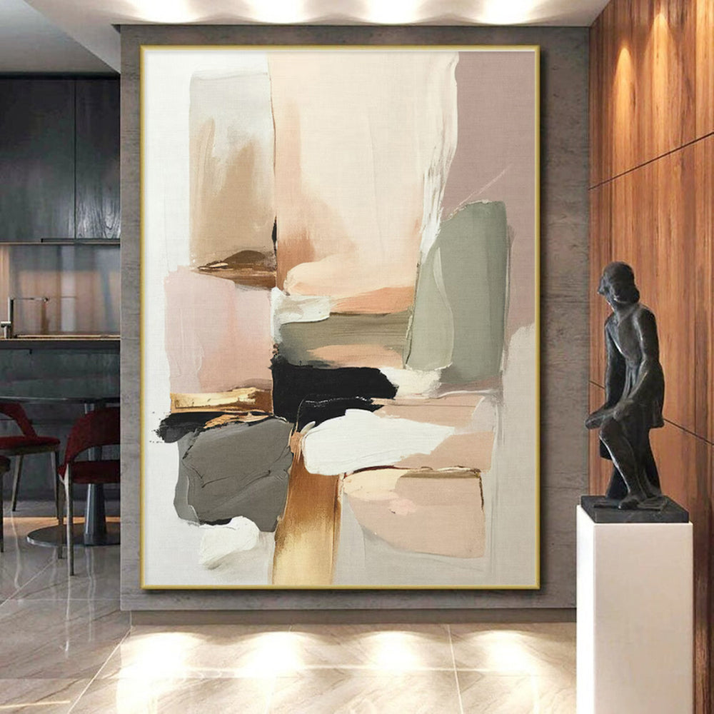 “Blush - Gold Abstract Blocks” - Blush, Gold, Neutral Tones Abstract Geometric Painting On Canvas PS0738