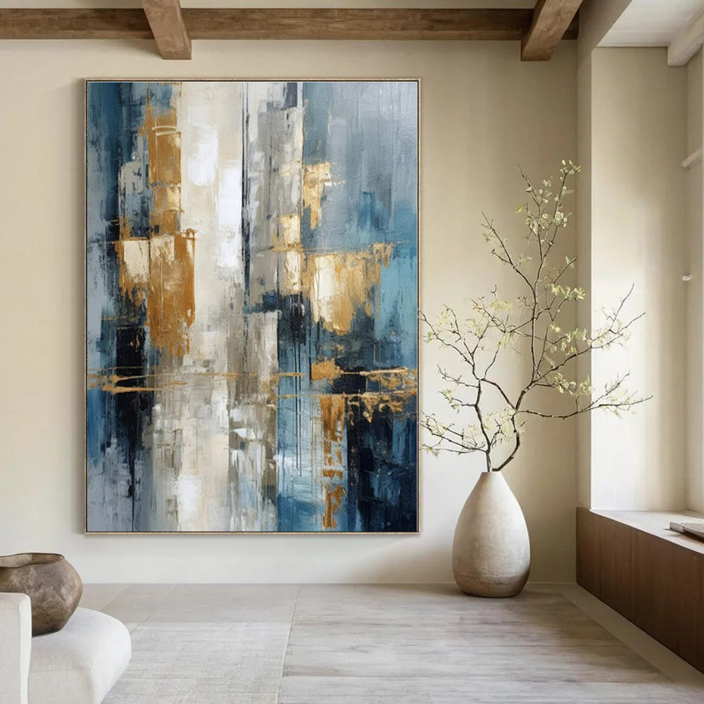 Blue, Gold, Gray with Abstract Forms "Gilded Skies" Abstract Painting On Canvas PS1257