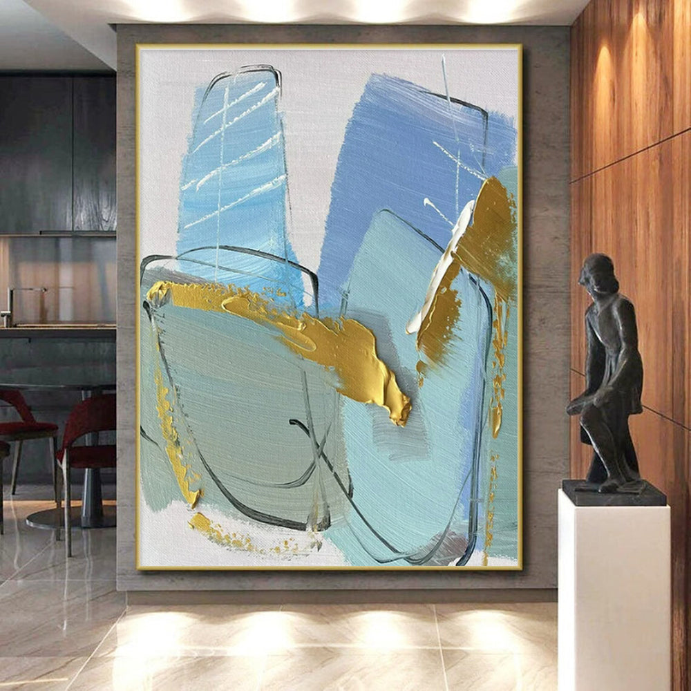 Blue, Gold, Gray Delicate Forms “Ocean’s Treasure” - Painting On Canvas PS0796