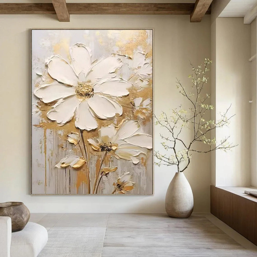 “White - Gold Floral Impasto” - Impressionist - Inspired Floral Painting On Canvas PT1395