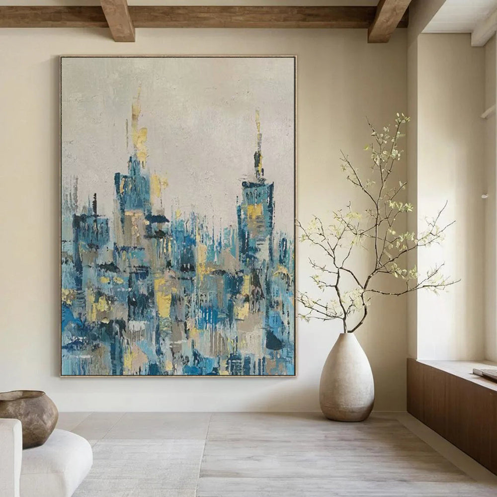 “Blue - Gold Abstract City Skyline” - Oil Painting On Canvas PT2080