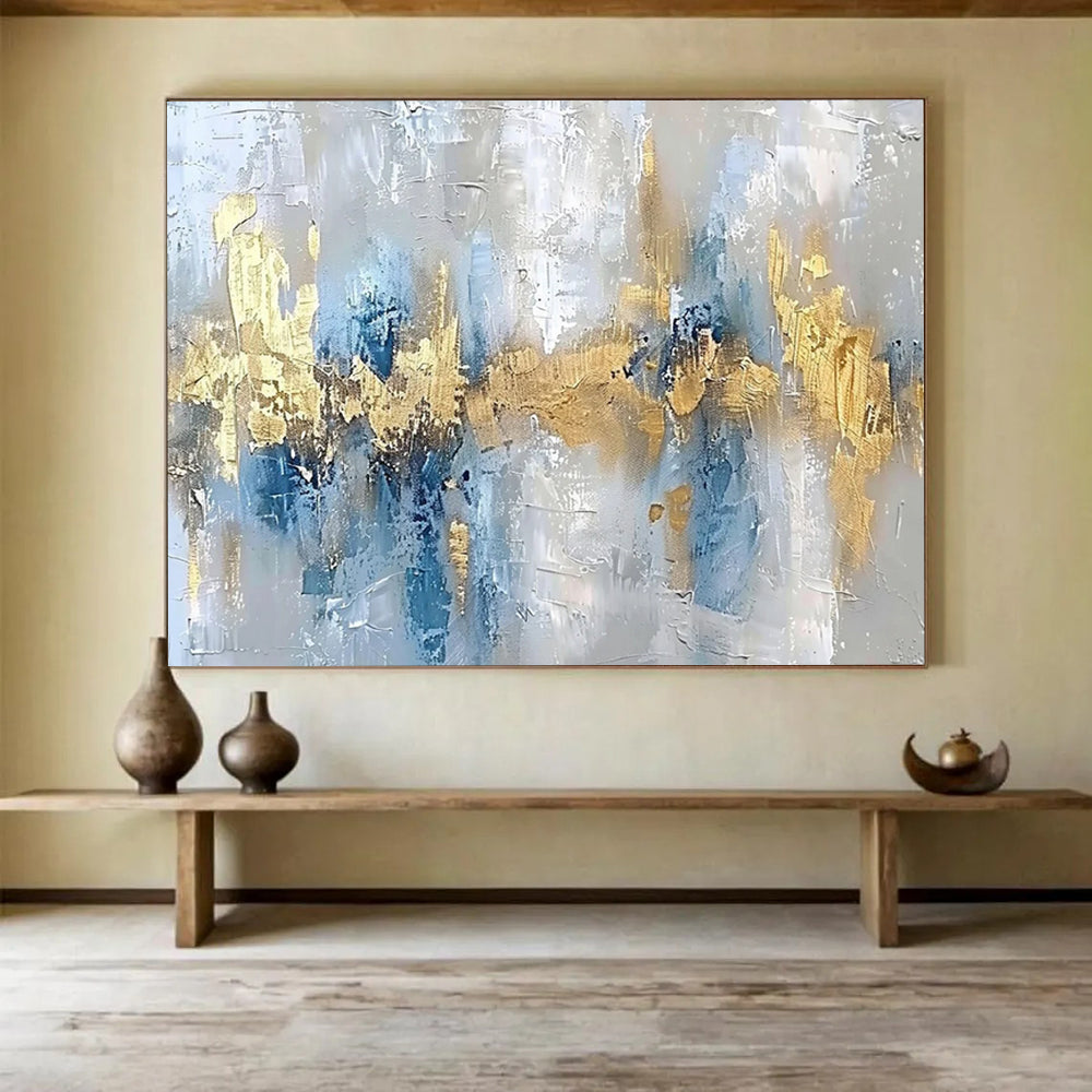 “Cool Blue & Gold Fusion” - Abstract Metallic Painting On Canvas PT046