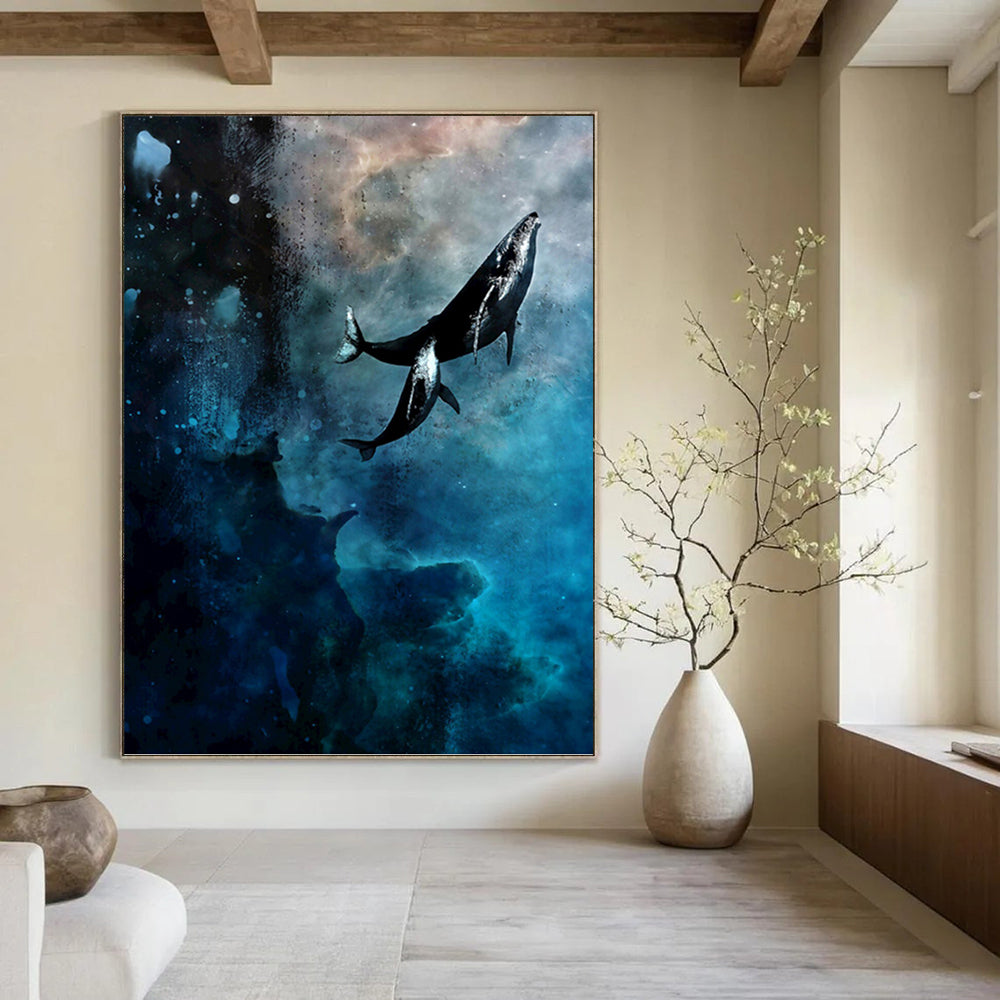 “Cosmic Whales: Blue and Black Surrealist Painting” - Surrealist Fantasy Painting On Canvas PT0933