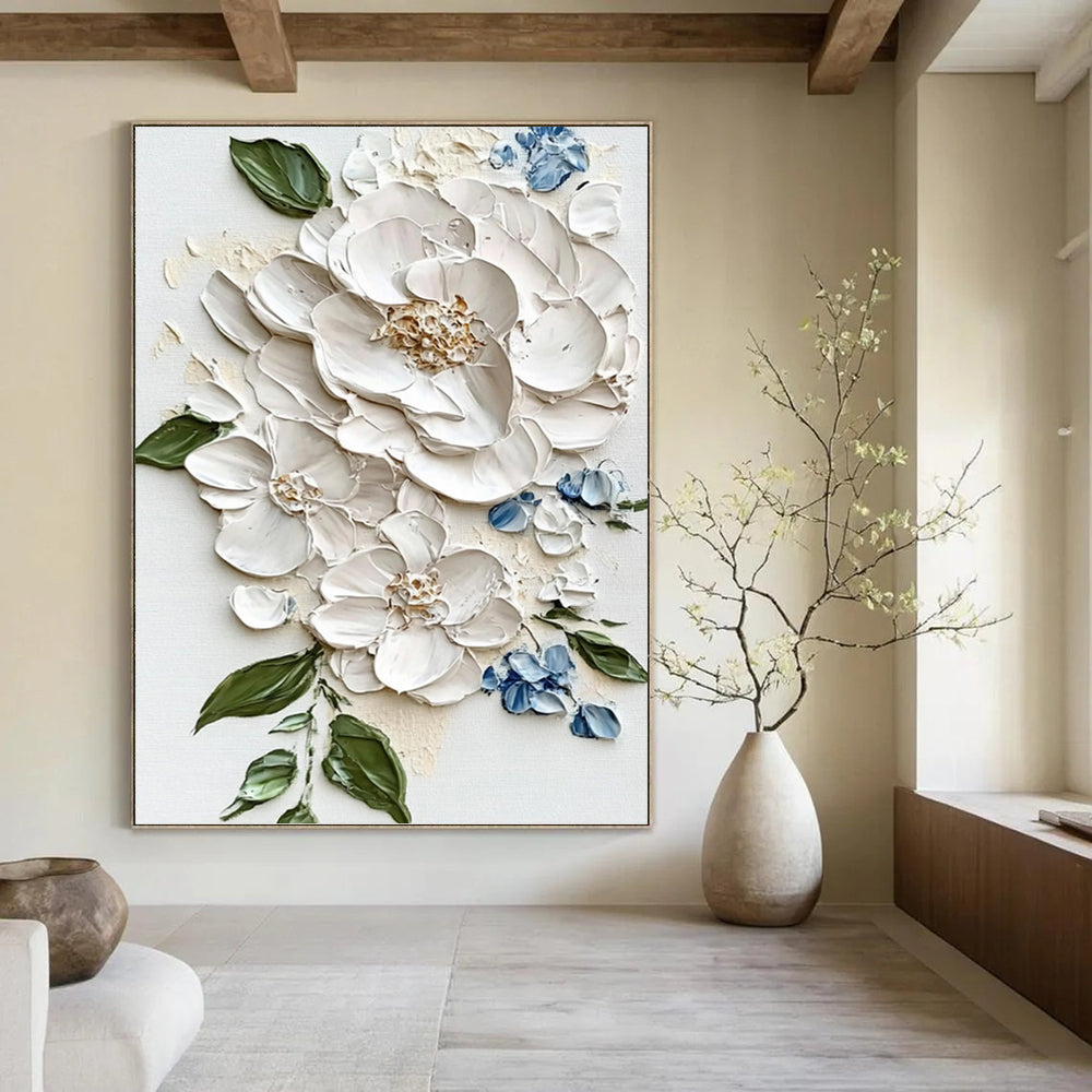 “White - Blue Floral Relief” - Realist - Inspired Floral Painting On Canvas PT1388