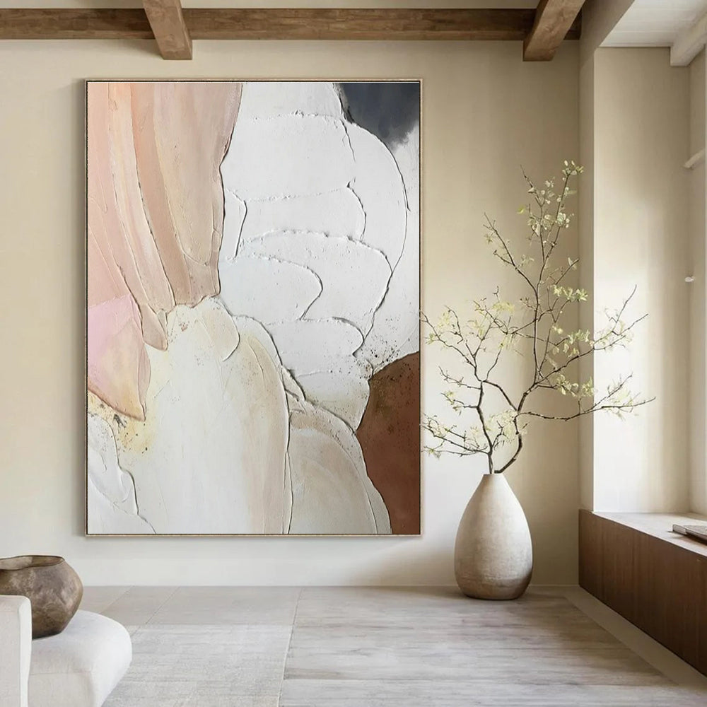 White, Pink, Beige, Gold with Textured Petals "Tactile Blossoms" Abstract Painting On Canvas PS1437
