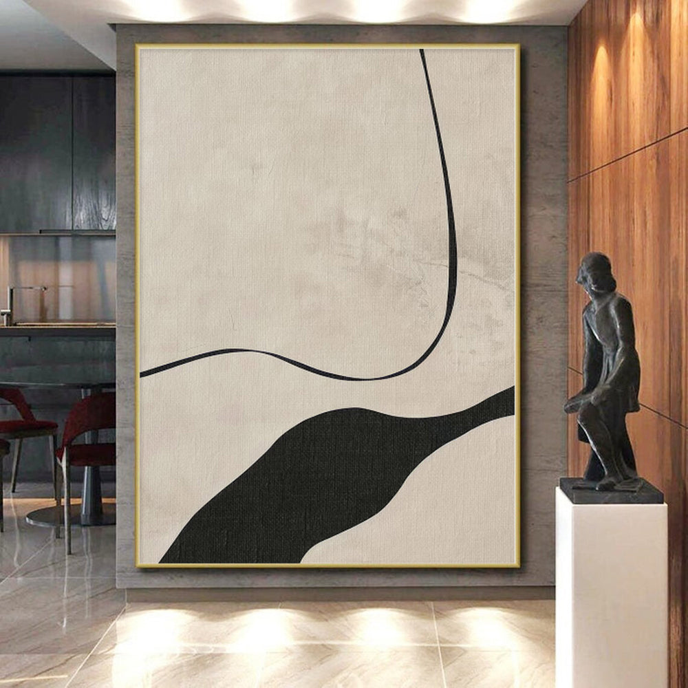 “Minimalist Black - White Curved Abstract” - Minimalist Abstract Painting On Canvas PS0264