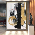 “Black - Gold Opulent Strokes” - Black, Gold, White Abstract Painting On Canvas PS0509
