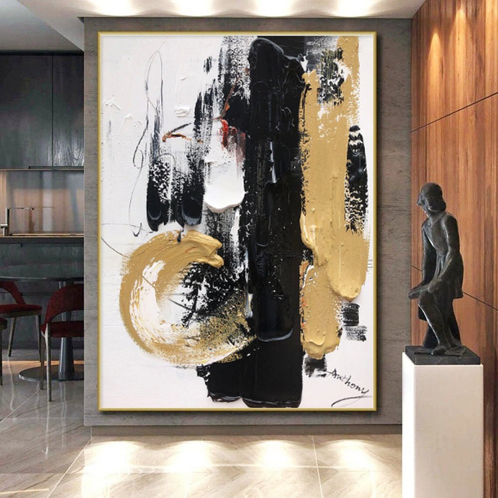 “Black - Gold Opulent Strokes” - Black, Gold, White Abstract Painting On Canvas PS0509