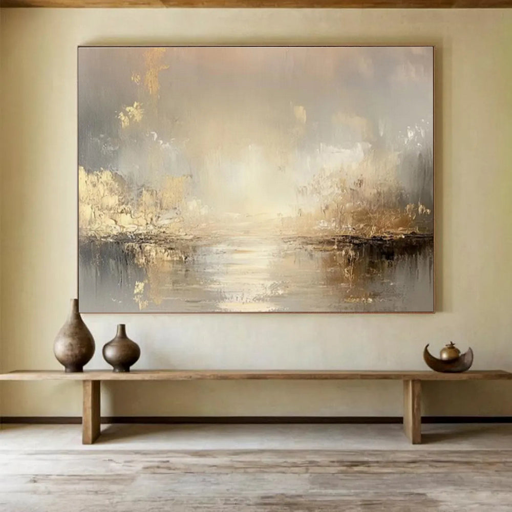 Golden River Mist - Ethereal Landscape Painting On Canvas DKS323