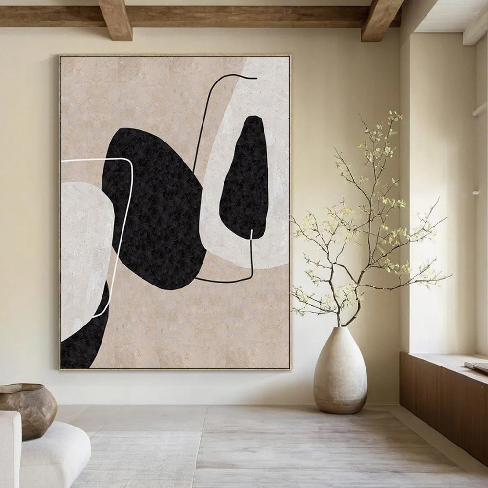 Beige, Black and White with Geometric Elements "Subtle Geometry" Abstract Painting On Canvas PS1121