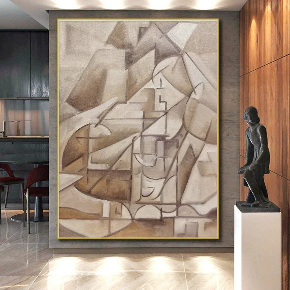 “Brown Cubist Structure” - Brown, Beige Cubist Abstract Painting On Canvas PS0400