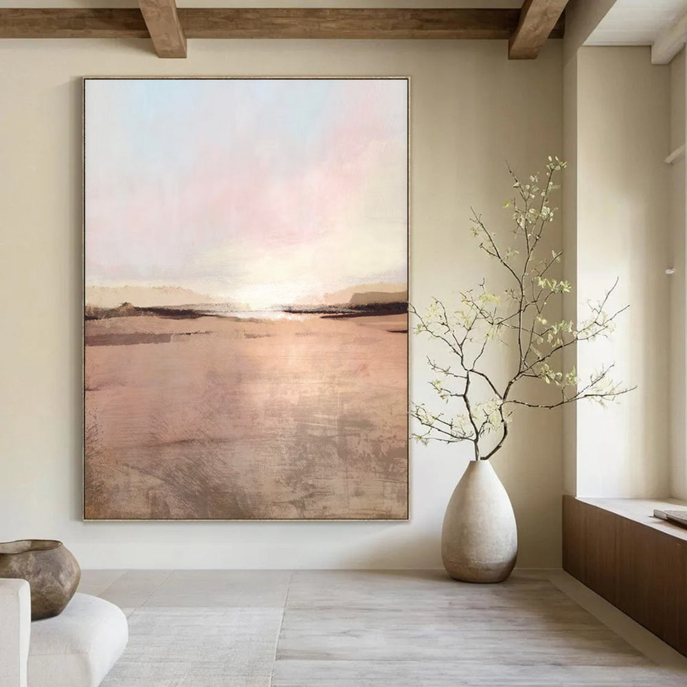 “Blush Sunset Glow” - Pastel Pink & Warm Beige Horizon Painting On Canvas DS163