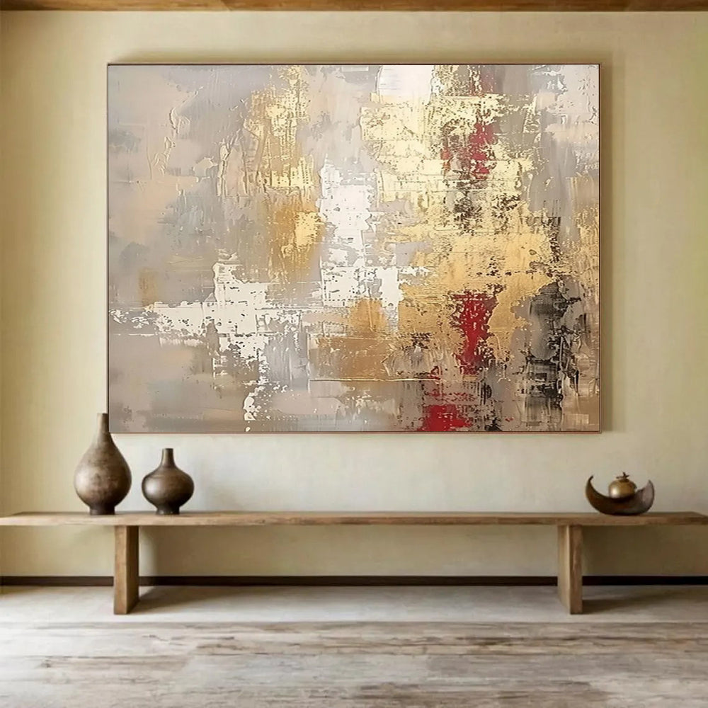 “Elegant Gray & Gold with Red Accents” - Abstract Textured Painting On Canvas PT045
