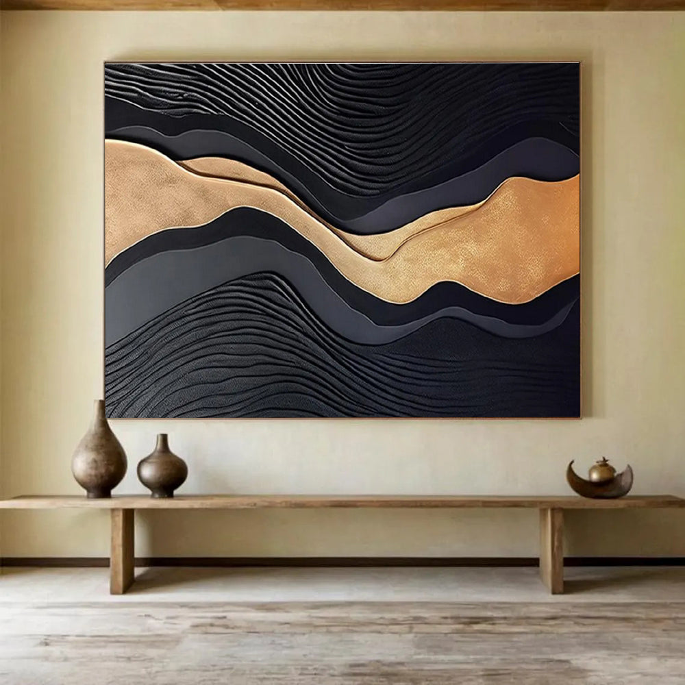 Black and Gold Textured Waves Contemporary Abstract Painting On Canvas DKS149