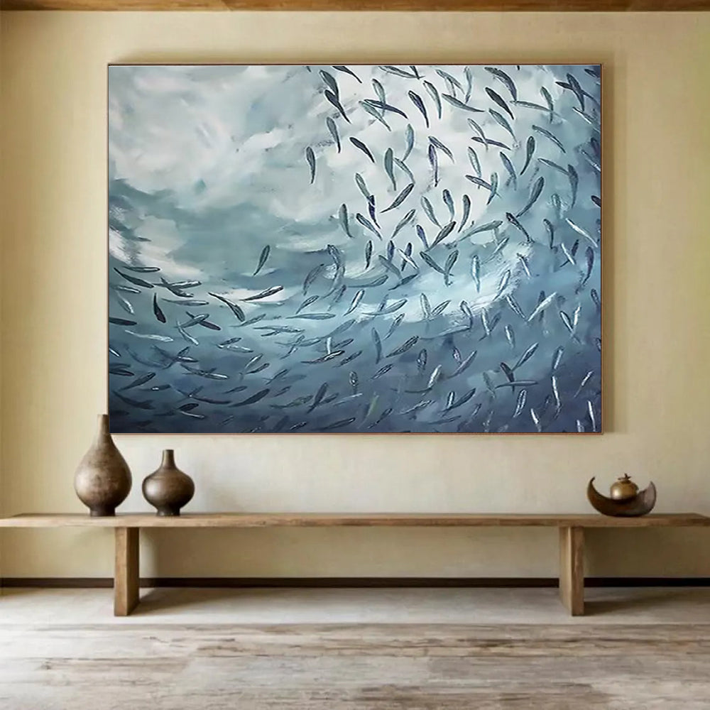 “School of Fish in Blue” - Impressionistic Oil Painting On Canvas DKS792