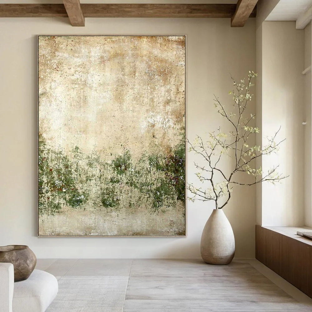 “Rustic Earth - Toned Vintage” - Beige, Green, Aged Abstract Painting On Canvas PT1483