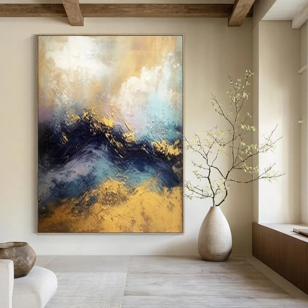 Blue - Purple Waves with Gold, "Gilded Surf" – Abstract Seascape Painting On Canvas PS0920