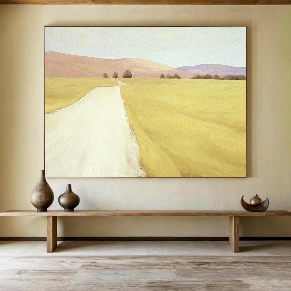 “Golden Field Path” - Yellow, Brown & Purple Landscape, Realist Oil Painting On Canvas DKS742