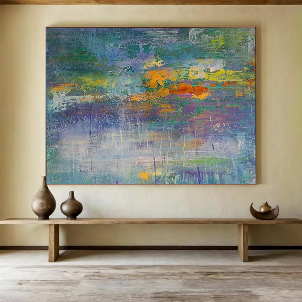 “Colorful Abstract Horizon” - Blue, Green & Orange Abstract Landscape, Expressive Oil Painting On Canvas DKS714