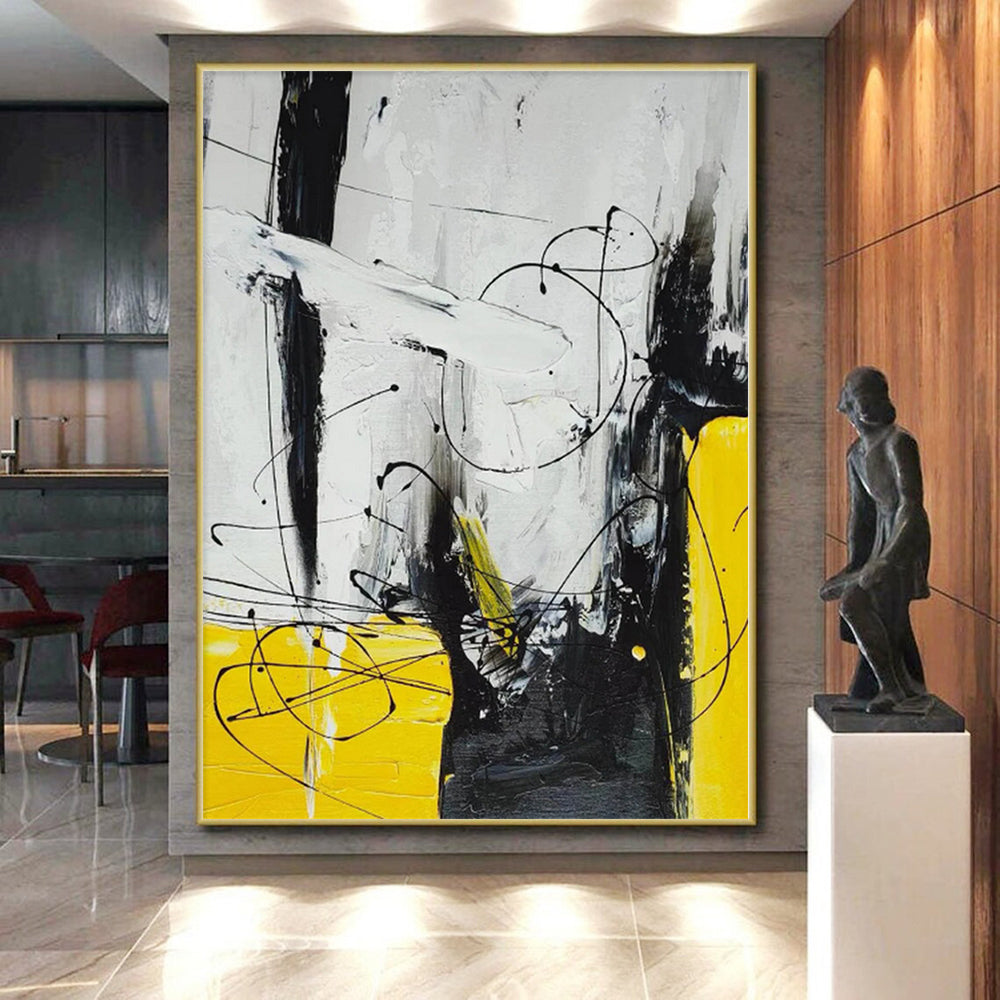 “Black - Yellow - White Abstract Tangled Lines” - Energetic Abstract Painting On Canvas PS0318
