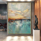 “Colorful Sky Reflection” - Blue, Orange, Gold Abstract Landscape Painting On Canvas PS0388
