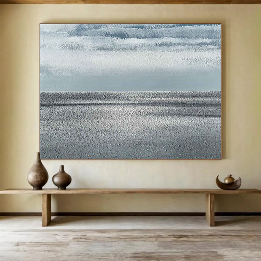 “Monochrome Sea Horizon” - Gray & Blue Abstract, Minimalist Oil Painting On Canvas DKS749