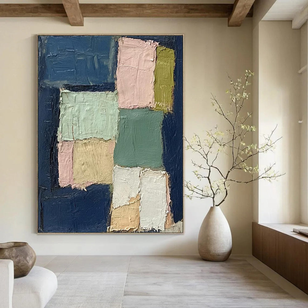 “Pastel Squares on Navy” - Minimalist Abstract Painting On Canvas DS013