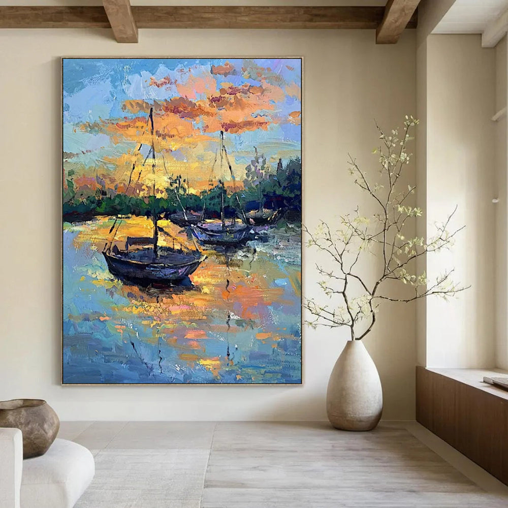 “Colorful Sunset Harbor Boats” - Impressionist Maritime Painting On Canvas PT1882