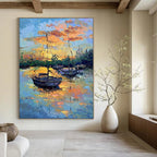 “Colorful Sunset Harbor Boats” - Impressionist Maritime Painting On Canvas PT1882
