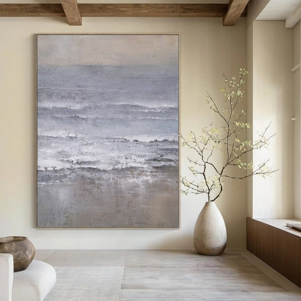 Gray, White and Beige with Textured Ocean Waves "Muted Surf" Abstract Landscape Painting On Canvas PS1161