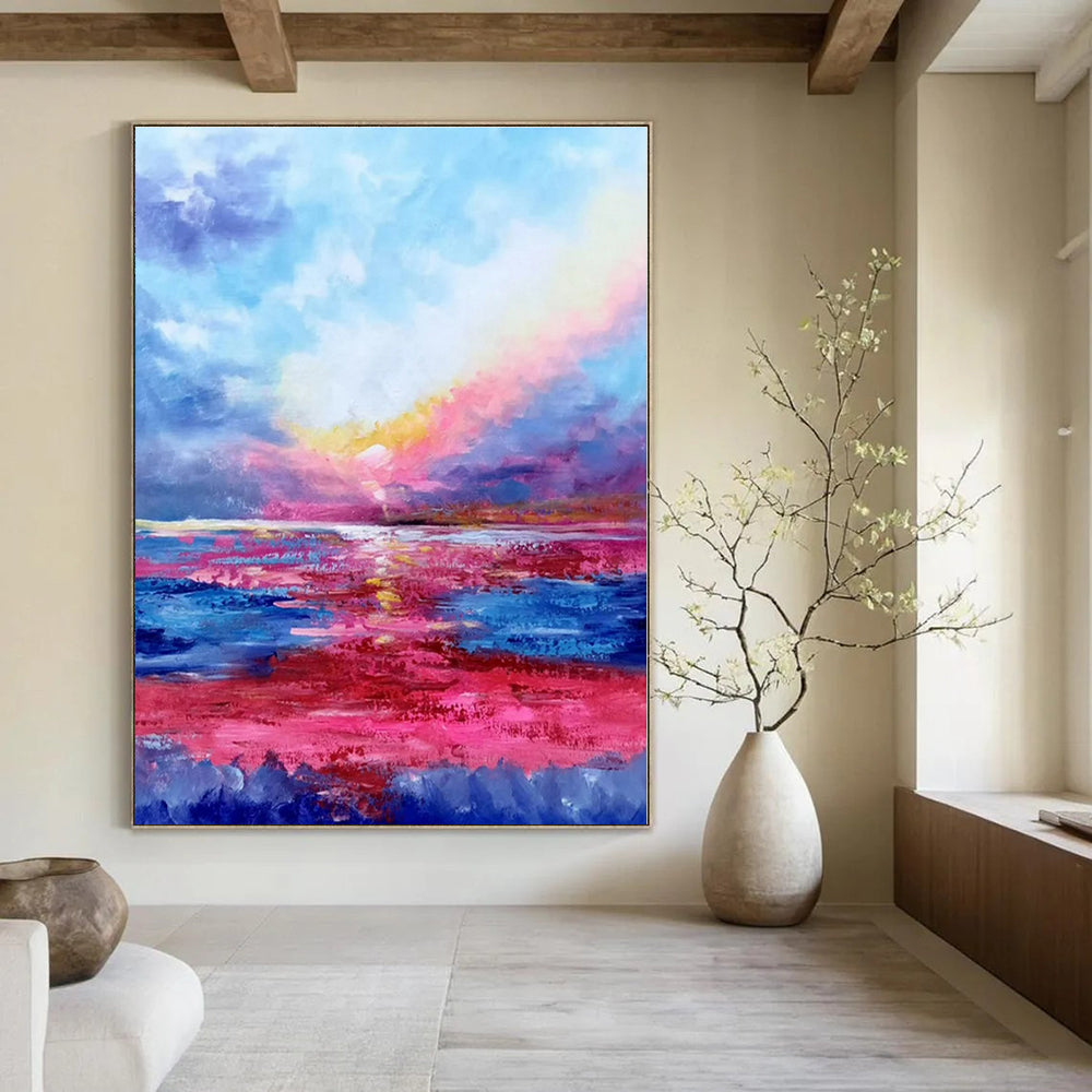 Blue, Pink, Purple, Yellow with Sunset Seascape "Sunset Symphony" Impressionist Painting On Canvas PS1318
